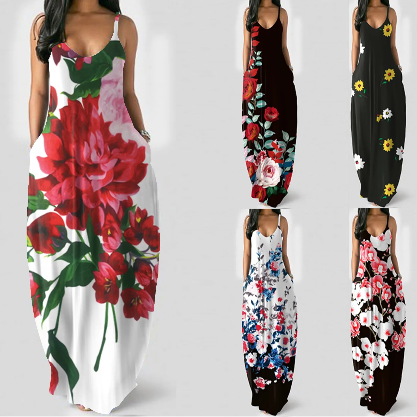 

Women's fashion Dress large floral print sexy deep V halter long dress Female loose Casual Sundress Floor-Length Mujer Vestido