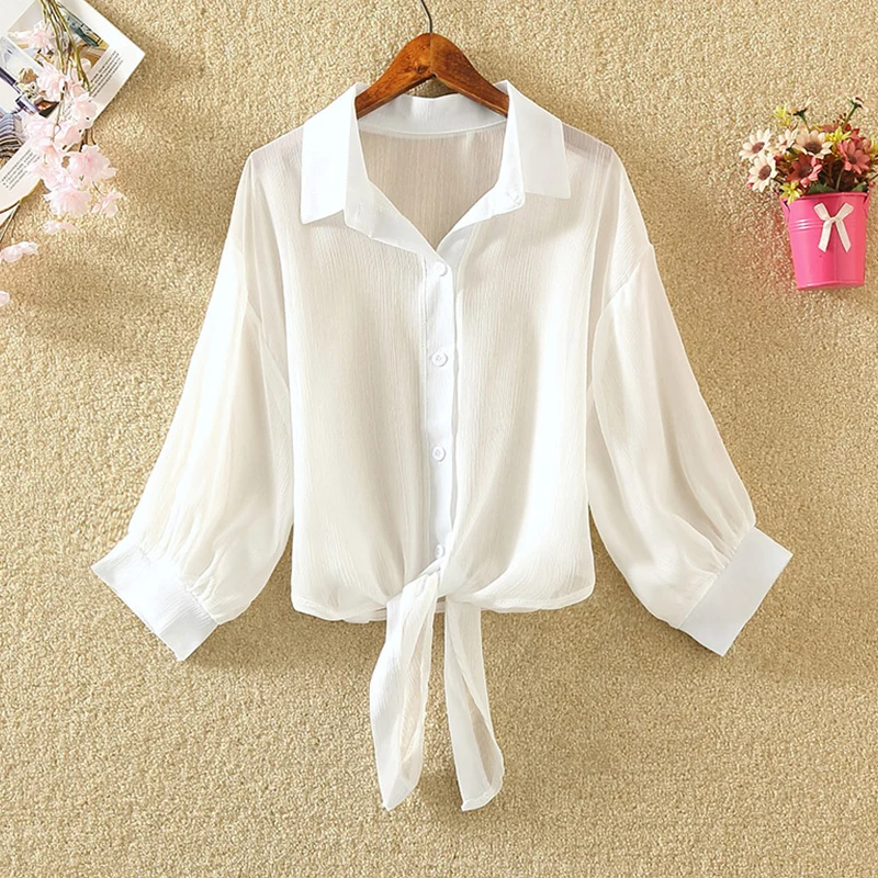 

2021 Summer Half Sleeve Buttoned Up Shirt Loose Casual White Blouse Chiffon Shirts Women Tied Waist Elegant Blouses for Women