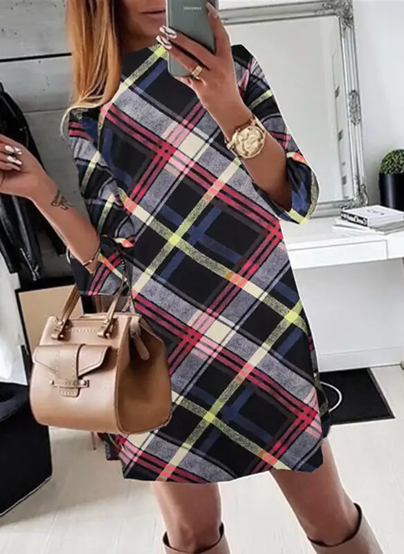 

Plaid Print Long Sleeve Above Knee Casual Dress Women Elegant Turtleneck Pullover Dress Spring Autumn Long Sleeve Straight Dress