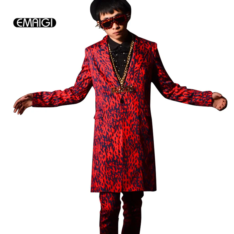 

Custom Men Red Leopard Long Casual Suit Jacket Nightclub DJ Singer Dancer Fashion Show Costumes Male Slim Fit Party Blazers Coat