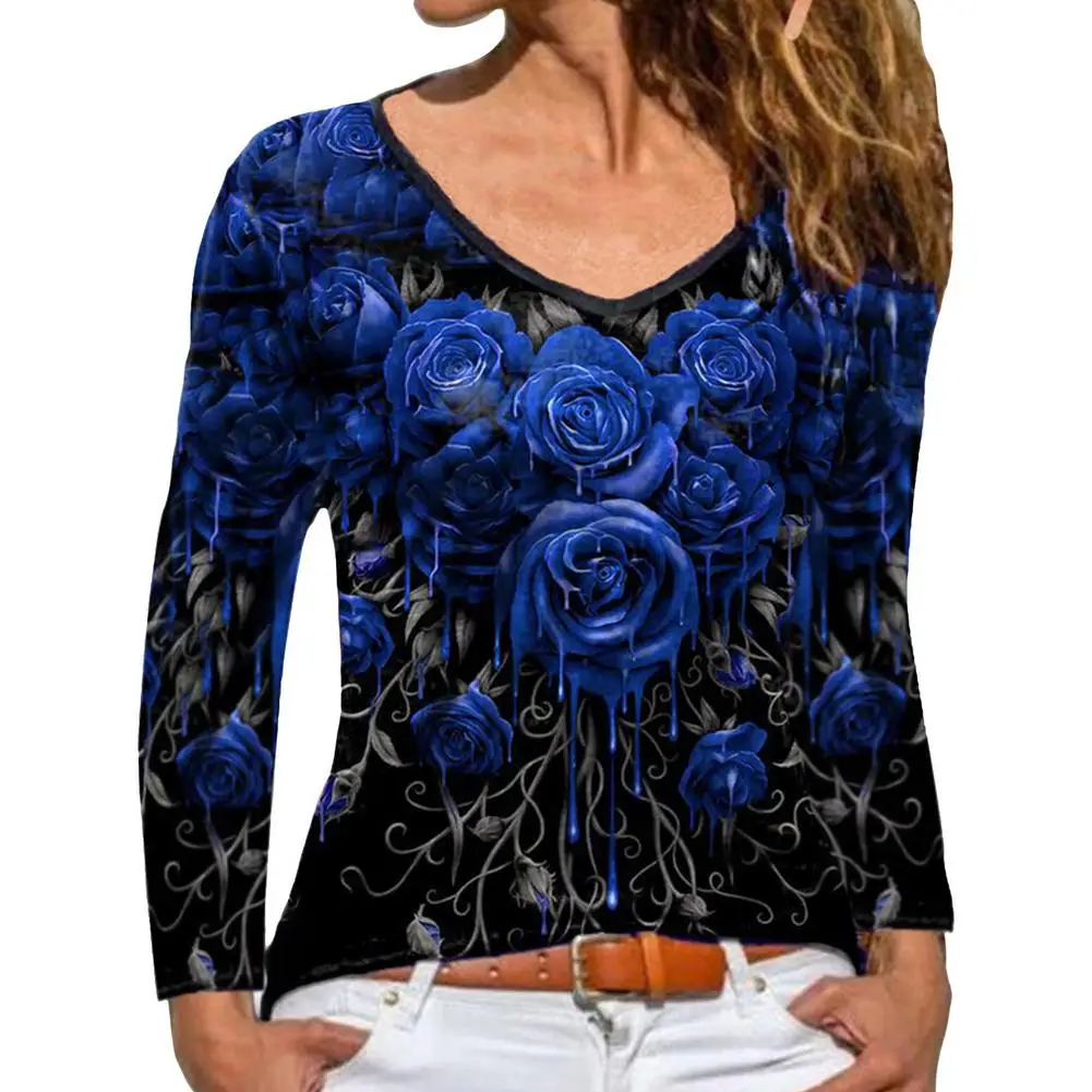 

Sexy rose long-sleeved printed top shirt casual v-neck casual pullover women's fashion new rose shirt