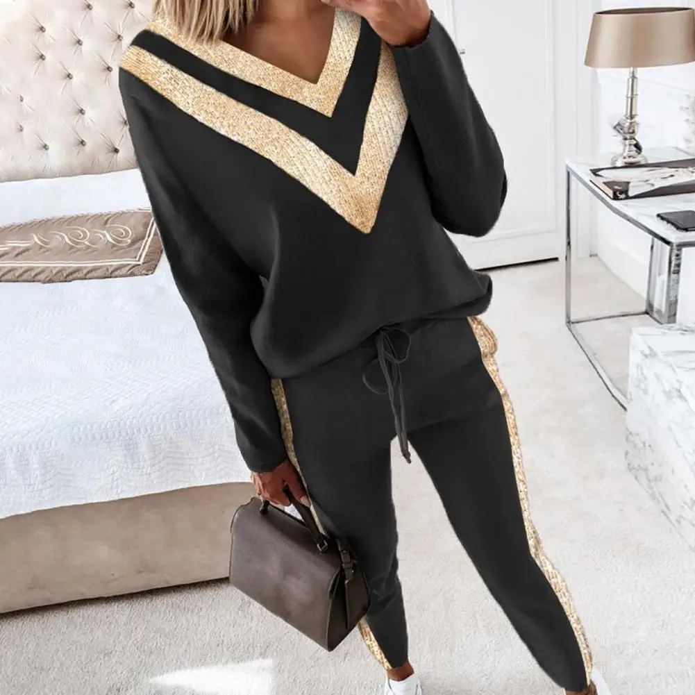 

Luxury Women Pullover Pants Set Fashion Sweatshirt+Sweatpants Set Bead Patchwork Drawstring Loose Long Sleeve Pullover Pants