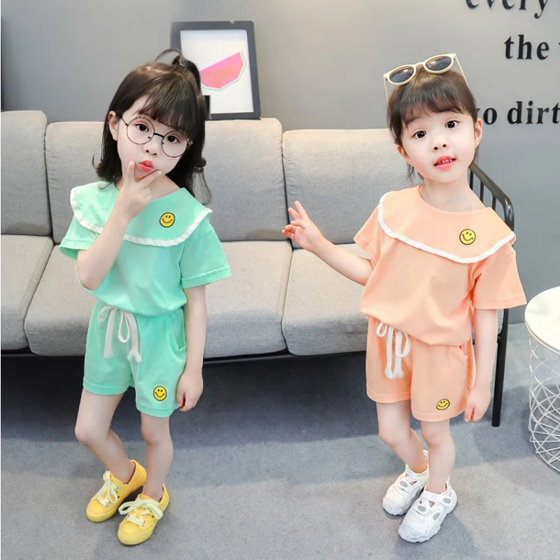 

Kids Costumes girl clothes 2021 Summer smiley short-sleeved T-shirt lattice shorts casual wear suit Quality child clothing