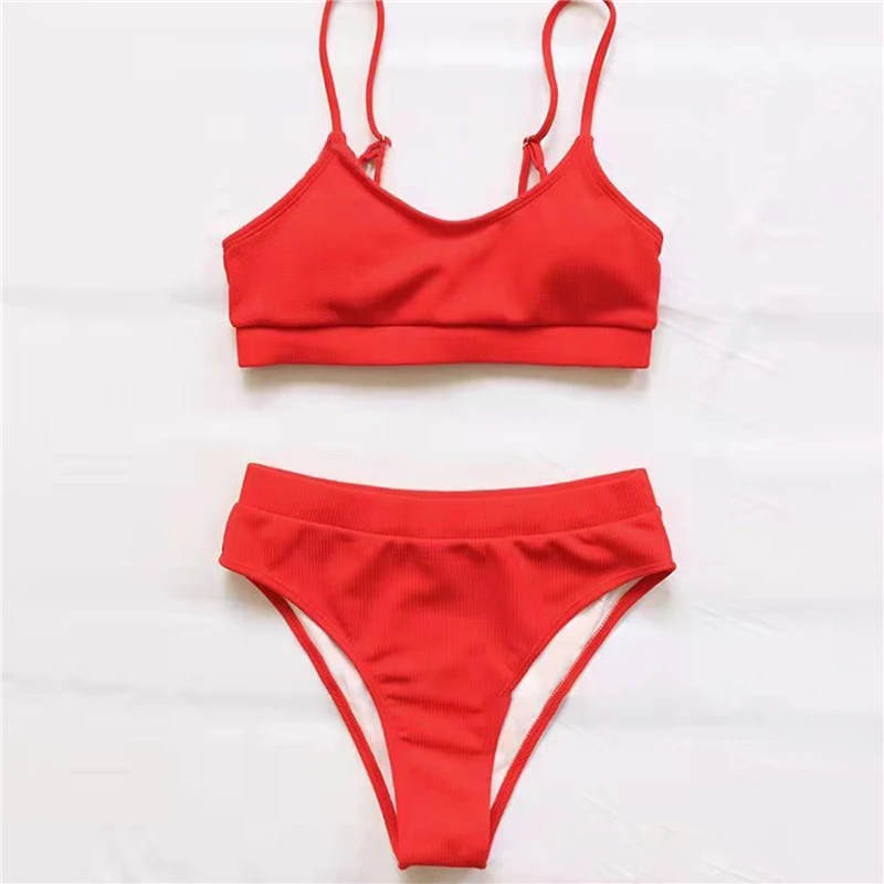 

2021 New Bikinis Swimsuits Women High Waist Push Up Swimwear Ribbed Strap Bathing Suit Biquini Brazilian Bikini Beachwear