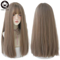 7jhhwigs long straight synthetic light brown wigs with bang for women heat resistant daily use hair hot sell wholesale wigs