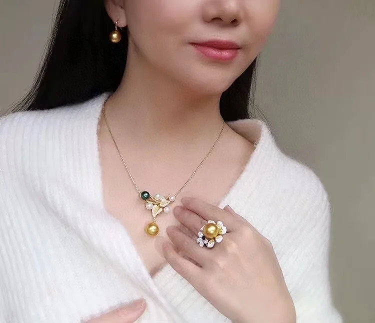D304 Pearl Sets 925 Sterling Silver 9-12mm Natural Fresh Water Golden Pearls Female's Jewelry for Women FIne | Украшения и