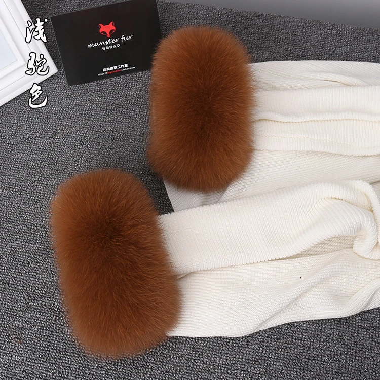 caramel colour Настоящие манжеты из лисьего меха для женщин зимние модные черные манжеты из меха енота Женский браслет черно-белые нарукавники рукава - Цвет: caramel colour