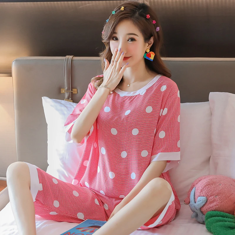 

100% Cotton Pajamas Women Short Sleeve Two-Piece Knee Length Pants Summer Thin Section Loose Large Size Sleepwear Cotton Nightie