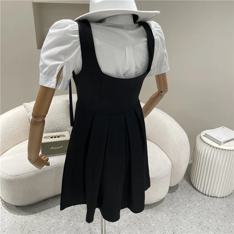 

Women's clothing Summer 2021 Fashion New Hollow out Bandage puff sleeve Shirt + straps dress two-piece Set