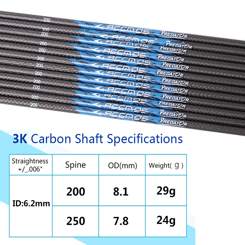 

Стрелы из чистого карбона 6/12 мм с внутренним диаметром 6,2 мм, 3K, 200, для рекурсивного/композитного лука, для охоты, стрельбы, прямолинейность 250, 0,006 шт.