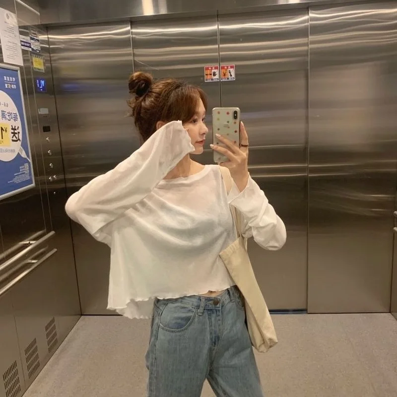 Женские футболки с длинным рукавом однотонные Короткие топы Летняя тонкая