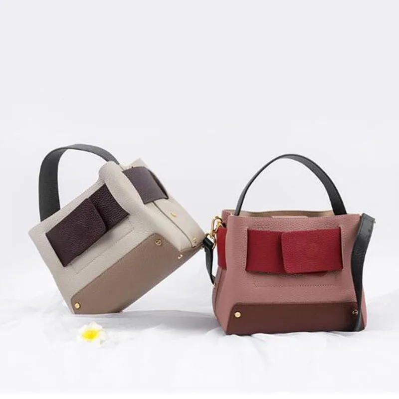 Designer Genuine Leather Bucket Bags For Women Handbags Contrast Colour Crossbody Messenger Shoulder luxury Ladies Totes | Багаж и сумки