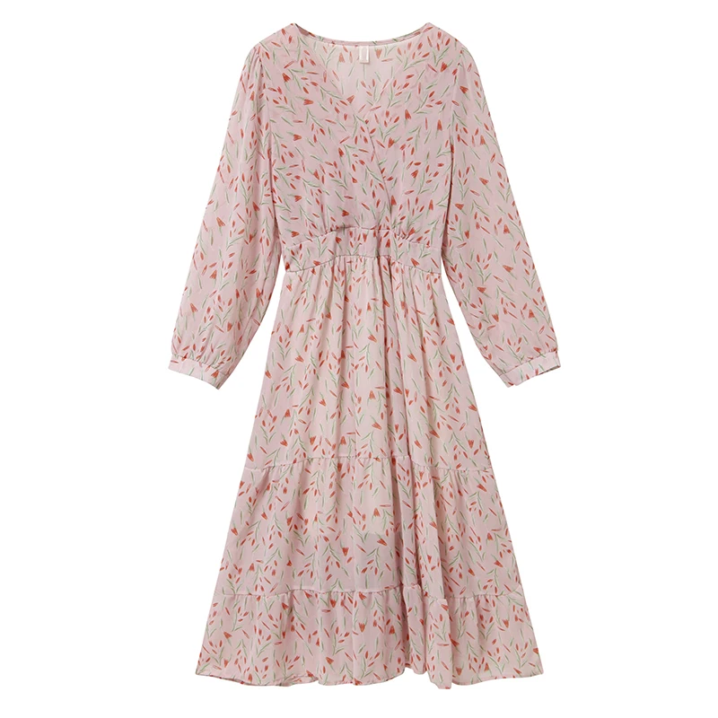 

2020 Spring Korean Floral Printing V-neck Long Dress Women Summer Chiffon Long Sleeve Dress A-line Party Vestidos