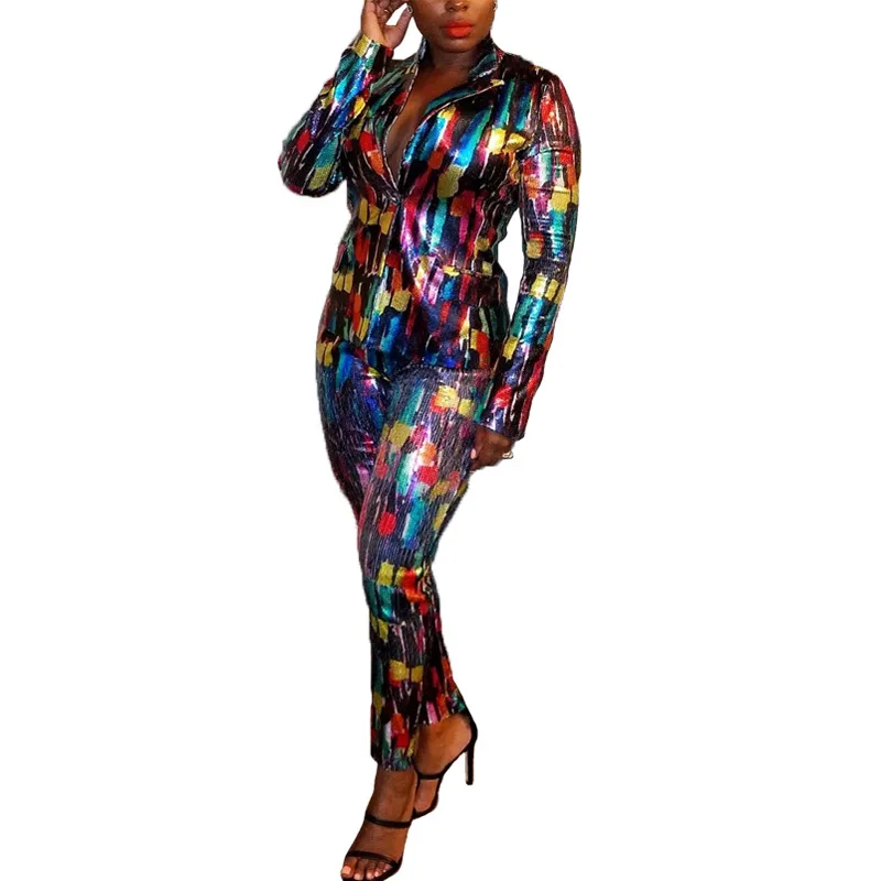 New tide print women set single button full sleeve coat and slim long pants 2 piece hip-hop suit MCY8213 | Женская одежда