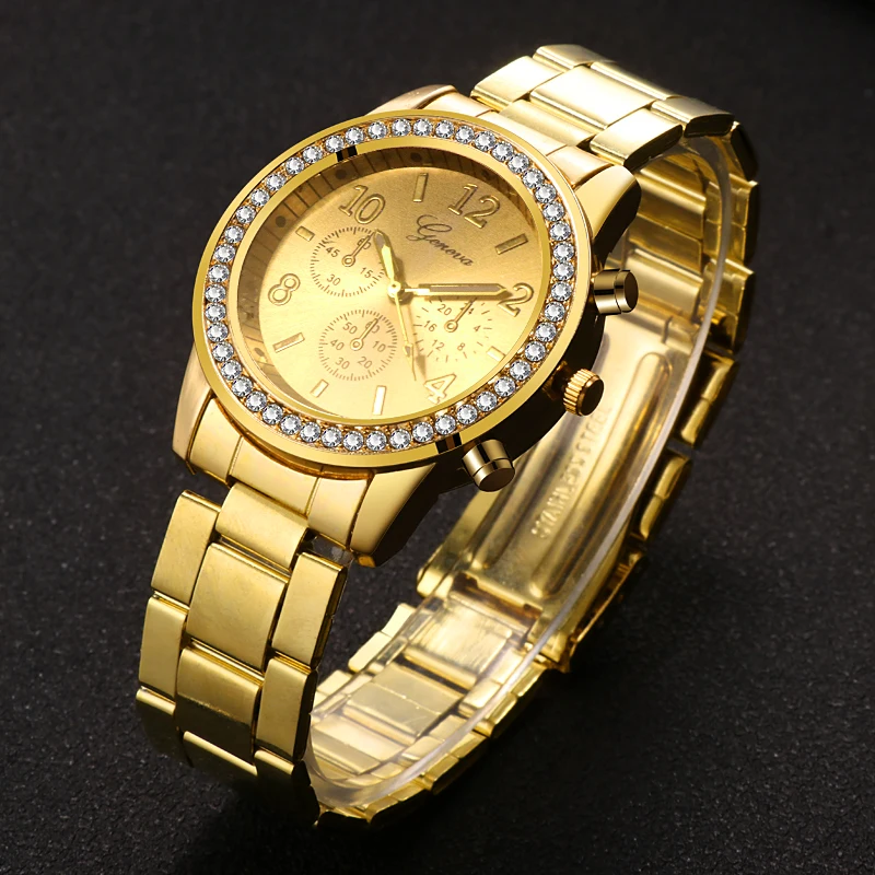 Женские Классические роскошные часы женские модные золотые с бриллиантами