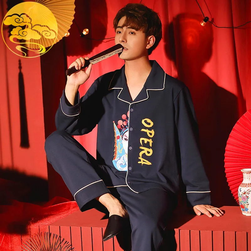 

Brand Autumn Knitted Cotton Long Sleep&Lounge Men's Pajama Sets Sleepwear Men Pyjamas Sets Male Leisure China Style Loungewear