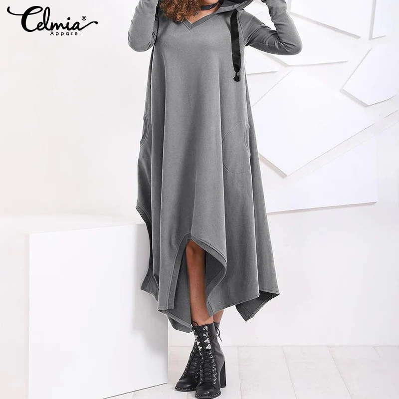 2021 Autumn Sweatshirt Long Dress Women Celmia Winter Hooded Pullovers Dresses Asymmetrical Sleeve Fleece Vestidos Robe | Женская одежда