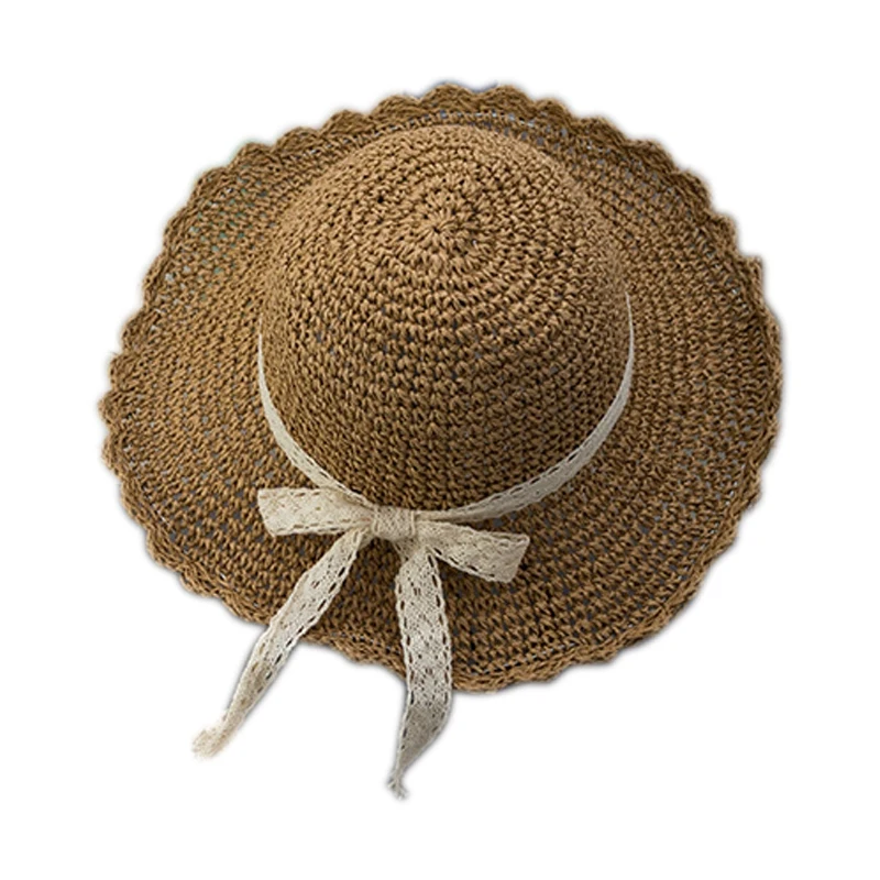

Summer Crochet Lace Bow Large Brimmed Straw Sun Hat Crochet