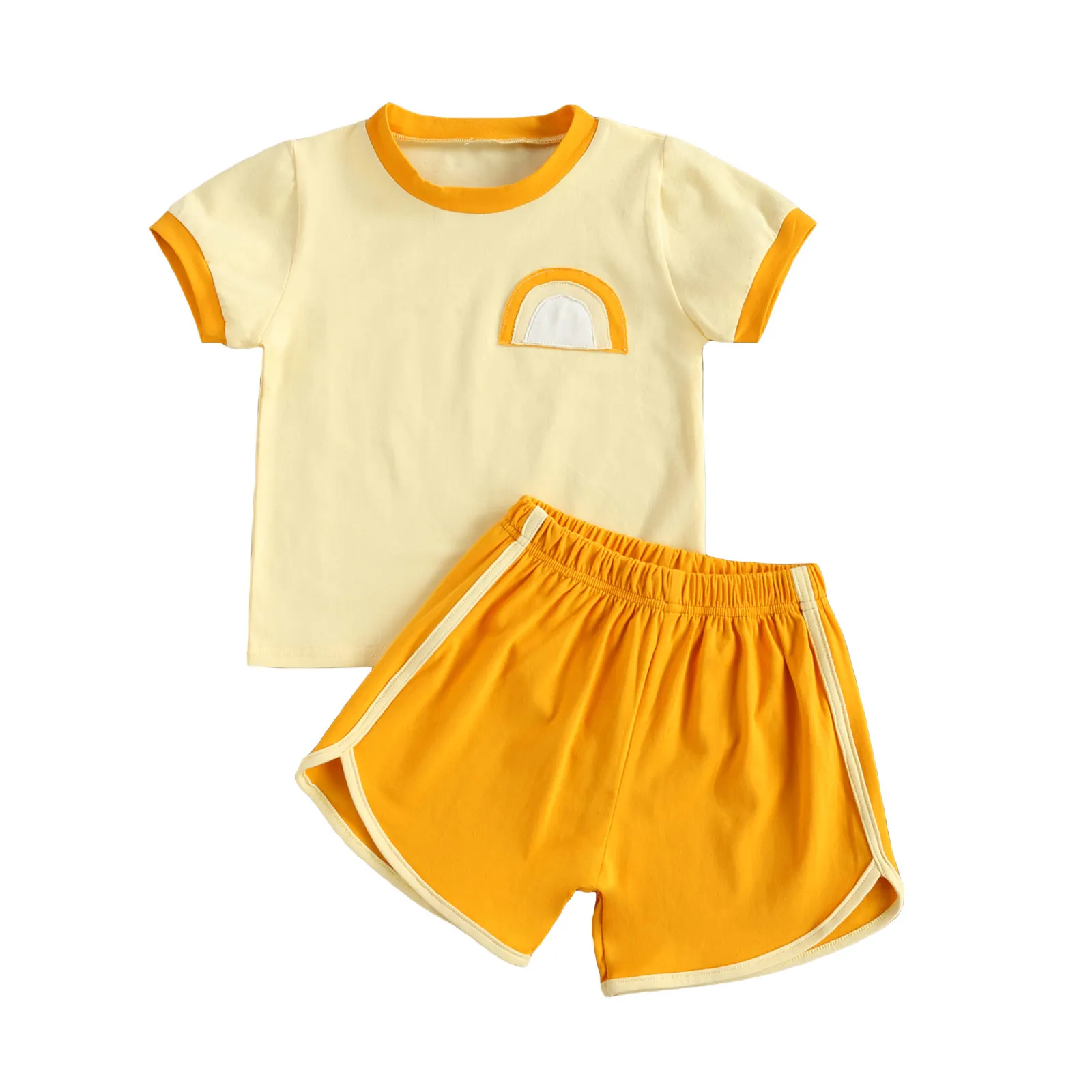 

Summer 2PC Kids Suit Set Unisex Round Collar Short Sleeve Pullover+ High Waist Shorts for 1-5Years