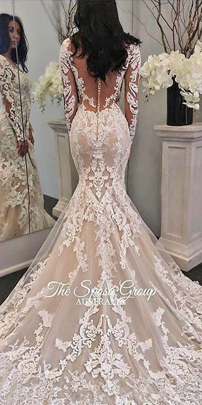 

New Illusion Long Sleeves Lace Mermaid Wedding Dresses Tulle Applique Court train princess Wedding Bridal Gowns With Buttons
