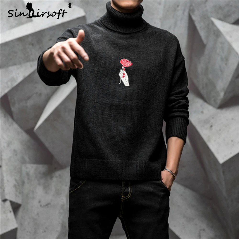 Rose Embroidery Pullovers Men's Turtleneck Long Sleeve Casual Sweater Warm Male Black And White 2019 Fashion Top Clothing M-3XL | Мужская