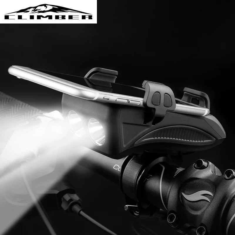 

New Store Bike Light USB Rechargeable Flashlight Phone Holder Bicycle Highlight 2000/4000mAh Power Bank Cycling Horn Led Light