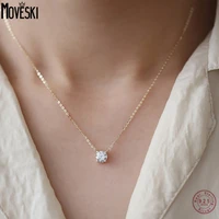 moveski real 925 sterling silver four prongs single shiny zircon necklace for women plating 14k gold fine jewelry drop shipping