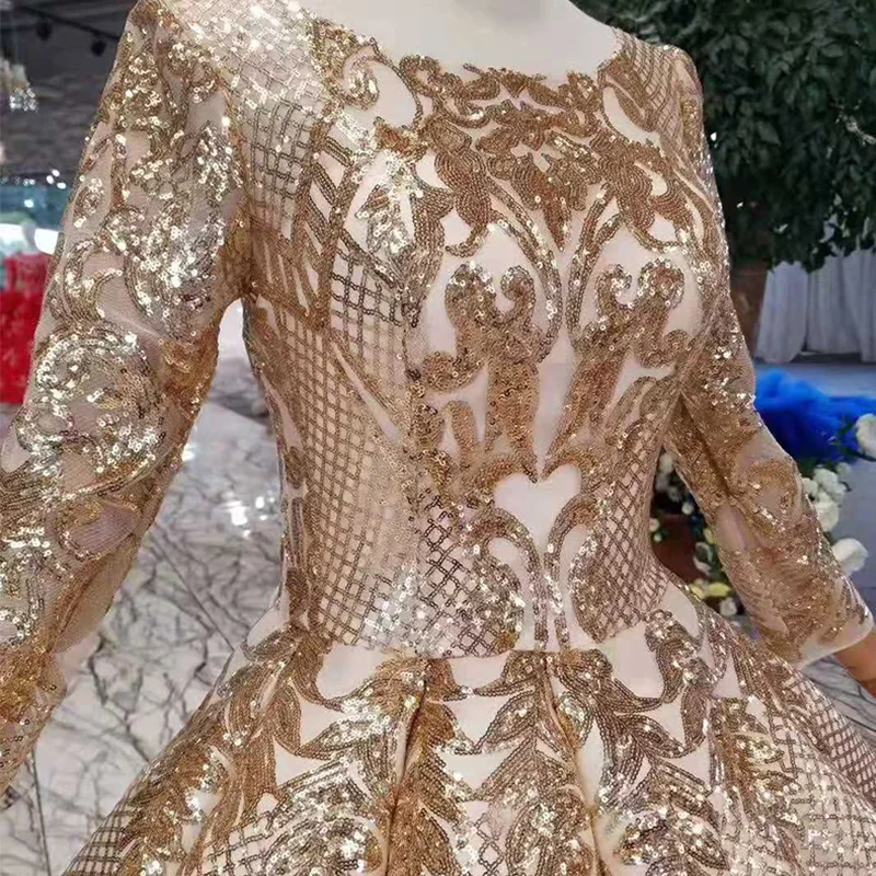 LSS286 luxury dubai dresses women occasion o-neck long sleeve muslim ball sparkly party dress curve shape evening dresses golden