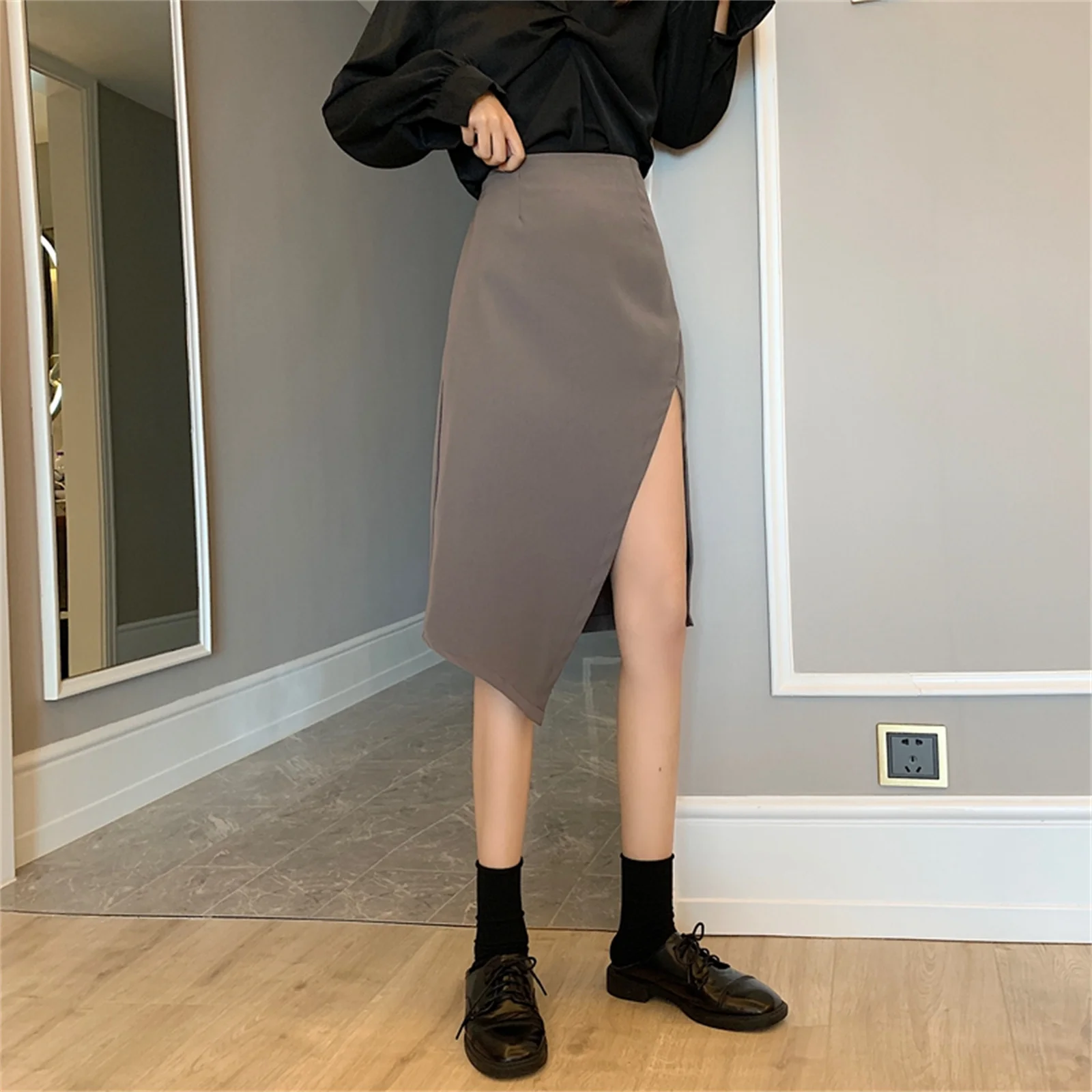 

Women's Spring 2021 New Irregular Skirt French Solid Color Split Mid Length High Waist Sexy Chic Suit Bag Hip A Line Skirts