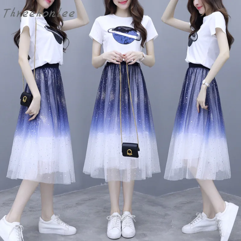 

2021 Summer Two Piece Sets Woman Casual Solid White O-neck Print T-shirt And Gauze A-line Gradual Change Color Female Sweet Suit