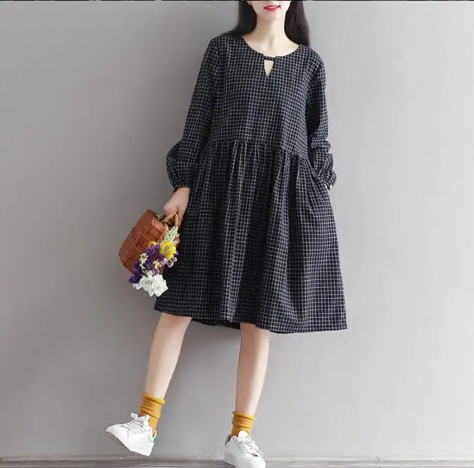 Preppy Cotton Linen Dress Spring Women Vintage Mori Black White Plaid Long Sleeve Pleated Bottom Vestido AW597 | Женская одежда