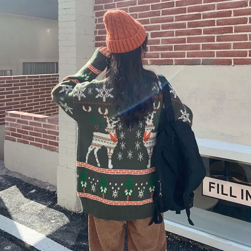 

New Fashion Deer Snowflake Pattern Jumper Pullovers Long Sleeved High Quality Red Knitted Sweater Women Christmas Sweaters