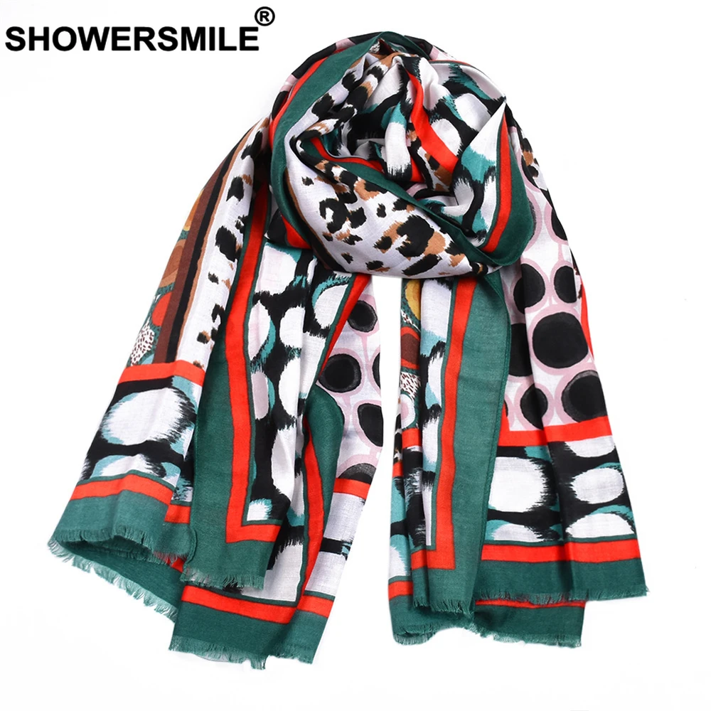SHOWERSMILE Women Scarf Cotton Linen for Green Wave Point Print Autumn Winter Ladies Shawl |