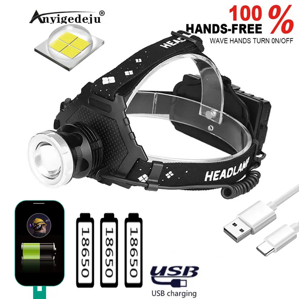 

Powerful XHP50 LED Headlamps USB Rechargeable 5 Modes Waterproof Zoom Headlights Can Charge The Phone Powered By 18650 Battery