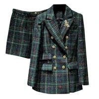 casual suit sets women england green double breasted plaid tweed blazers jackets shorts two pieces sets womens autumn set