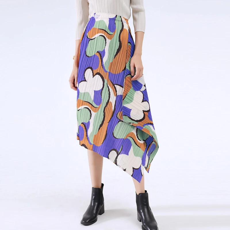 

miyake pleated print skirt 2021 summer and autumn new loose big swing skirt niche folda large long skirt for women