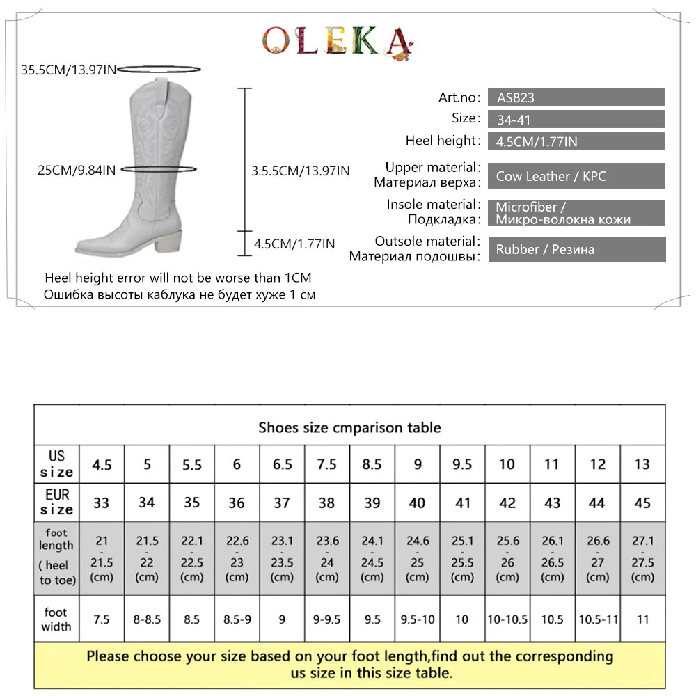

OLEKA Leather Knee-high Winter Ladies Boots Square Heel Totem Pointed Toe Fur Boots Office Lady Style Western New AS823