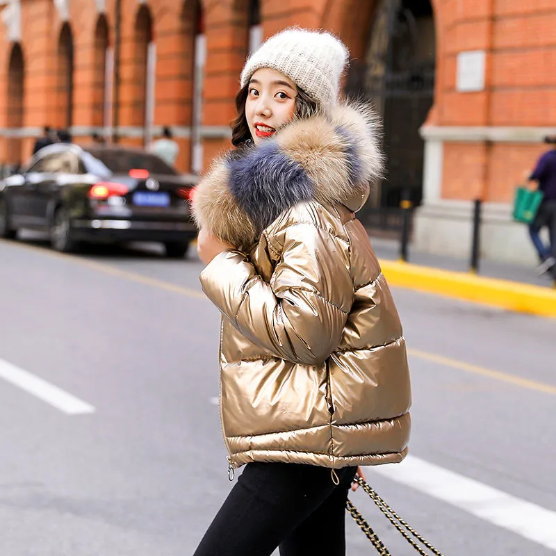Fake Fox fur Parkas Women Down Jacket Winter Cotton Female Short Coat Winter Snow Wear Glossy Hooded Jacket waterproof Parkas