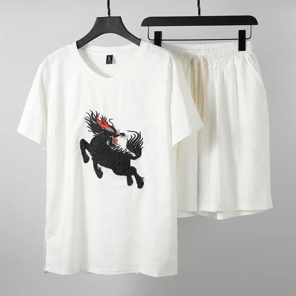 

summer men's large size Linen short sleeve t shirt casual o-neck two-piece sets t shirts suits 8xl 9XL 160kg hip hop 9 colors