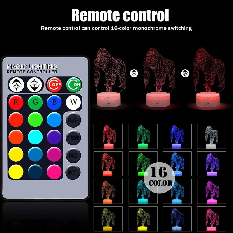 

Night Light Remote Control Atmosphere Light Gorilla Lamp 3D Table Lamp LED Creative Gift Visual Three-dimensional Colorful