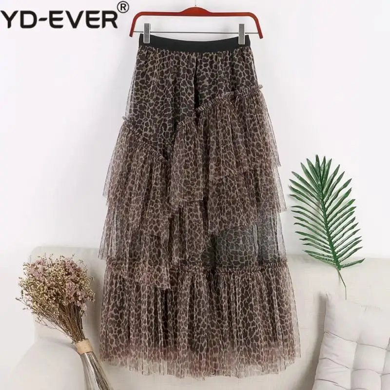 Женская фатиновая юбка с леопардовым принтом асимметричная многослойная