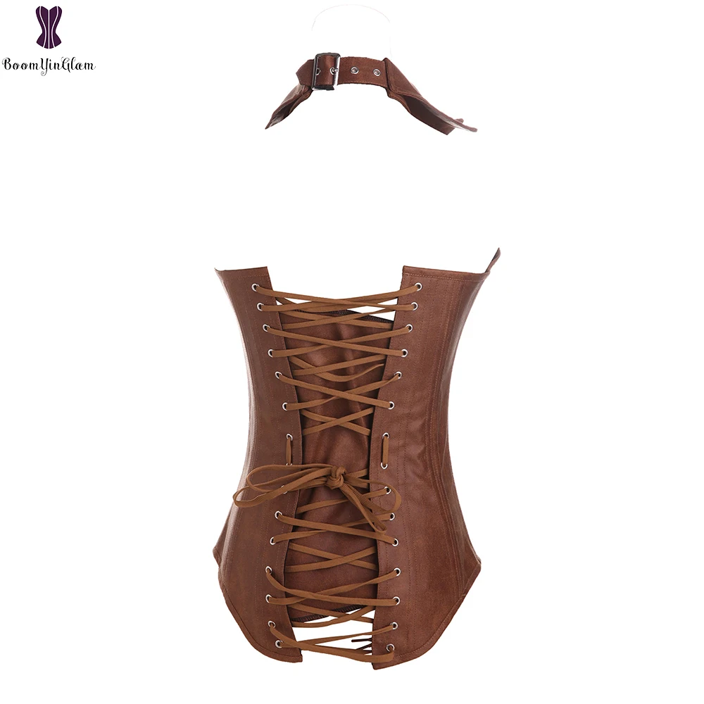 Женское сексуальное нижнее белье Коричневый корсет из искусственной кожи на