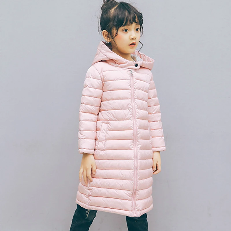 Пуховики для девочек Зимняя модная Длинная Верхняя одежда с капюшоном на молнии