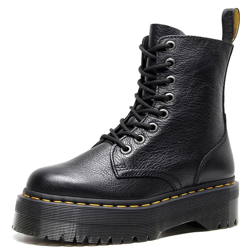 

Leather Boots Martens Chunky Motorcycle Boots for Women Autumn Winter 2021 Fashion Round Toe Lace-up Combat Boots Ladies Shoes