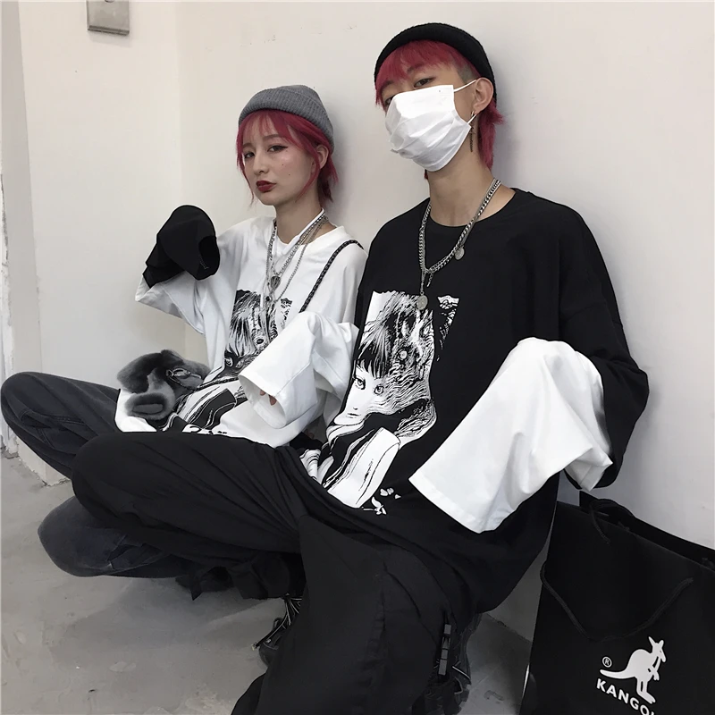 Lychee Harajuku Лоскутные Поддельные 2 шт. женские футболки темная японская девушка печать Осенняя женская футболка с длинным рукавом женская футболка