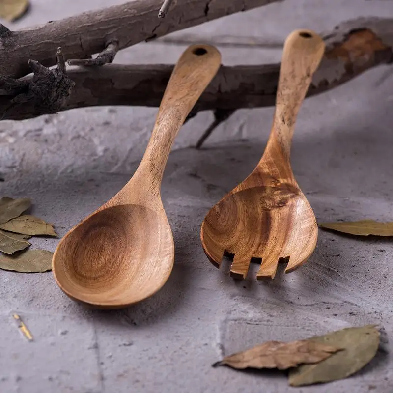 

Pcs Wooden Salad Spoon Fork Large Serving Spoon Set Salad Server Wood Kitchen Utensils Long Handle Soup Spoon Ladle Tableware