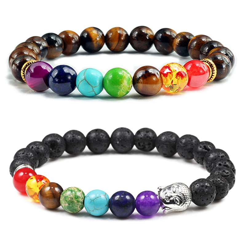 Браслет из 7 Чакр молитва натурального камня бусины тигровый глаз мужские и