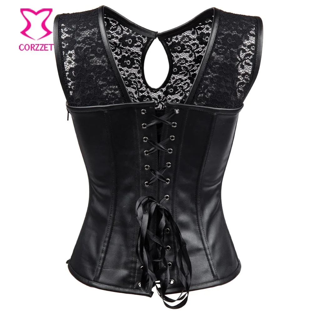 Корсет женский в готическом стиле Черная кружевная кожаная майка на молнии сбоку
