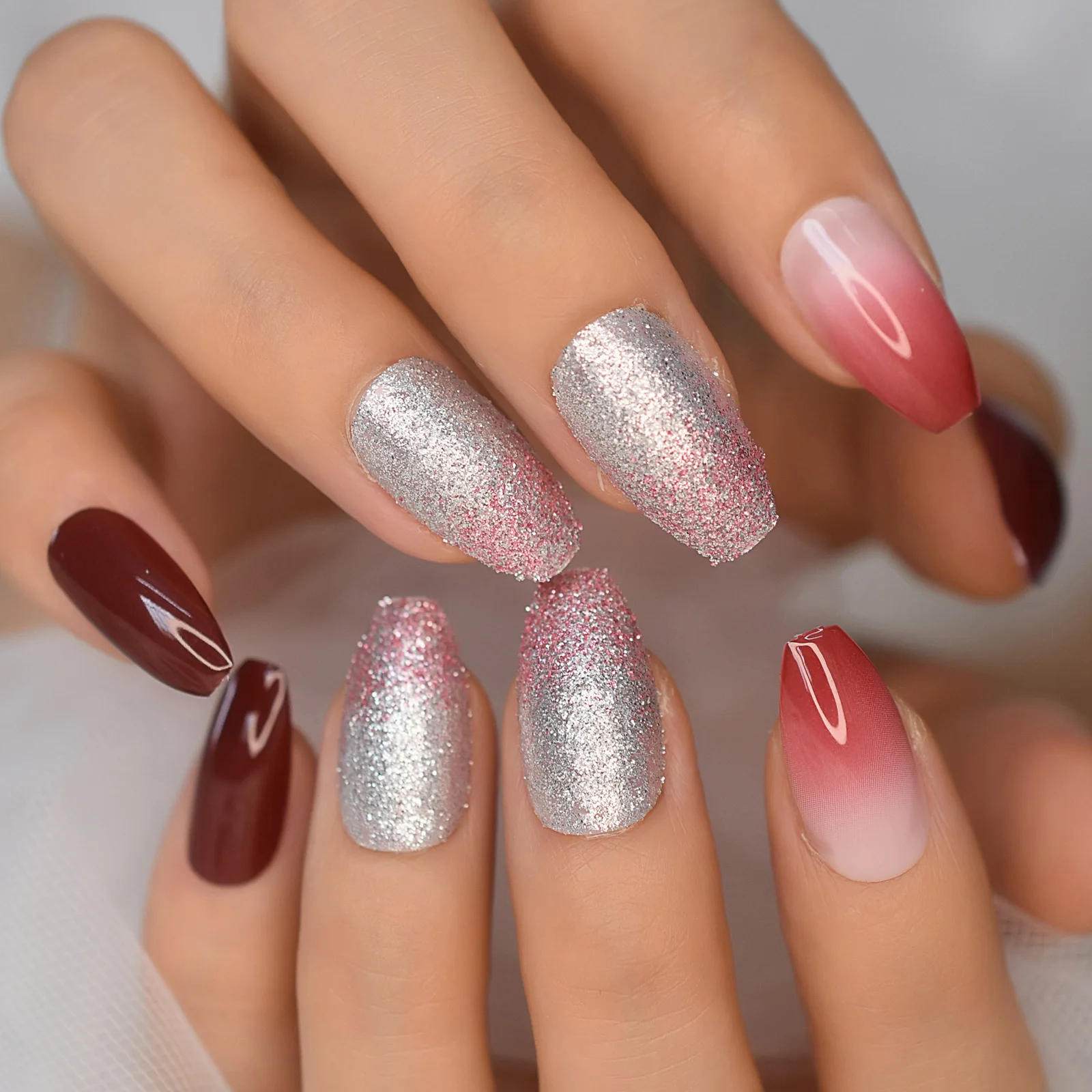 Glossy Red French Coffin False Nail Ombre Gradient Silver Glitter Ballet Press On Fake Nails Tip Daily Office Fingernail Wear Aliexpress Mobile