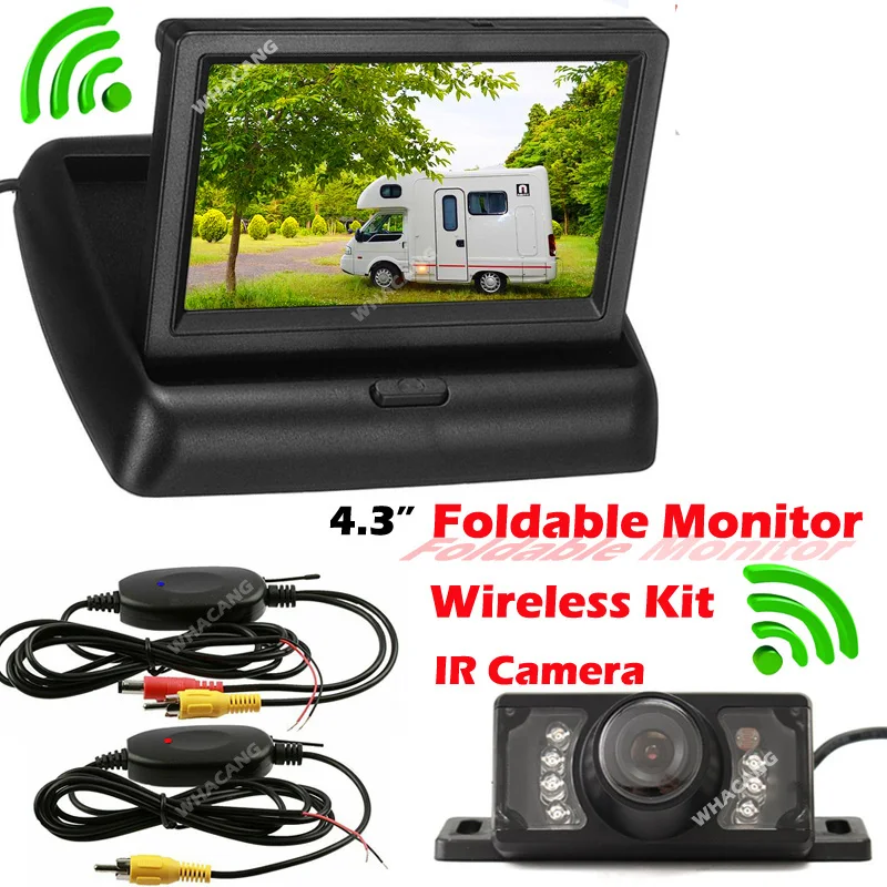 

Беспроводная ИК 7 светодиодов ночного видения Водонепроницаемая резервная камера заднего вида и складная 4,3 "Автомобильная ЖК-монитор HD Авт...